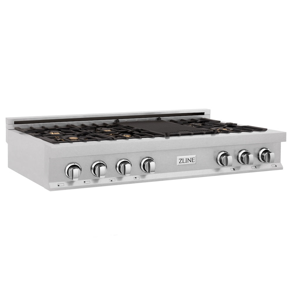ZLINE 48 in. Legacy Gas Rangetop with 7 Brass Burners and Porcelain Cooktop in Satin Stainless Steel (RTS-BR-48) main image.