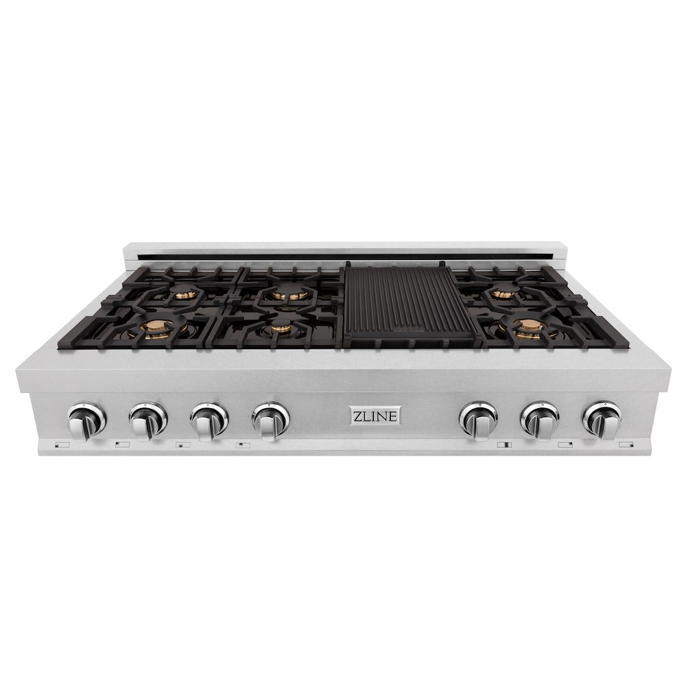 ZLINE 48 in. Porcelain Gas Stovetop in DuraSnow® Stainless Steel with 7 Gas Burners with Brass Burners and Griddle (RTS-BR-48)