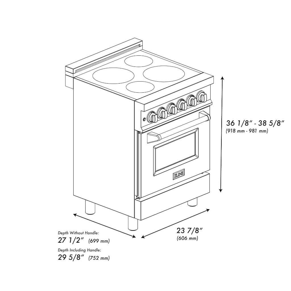 ZLINE 24 in. 2.8 cu. ft. Legacy Induction Range with 4 Element Cooktop and Electric Oven in DuraSnow® Stainless Steel (RAINDS-SN-24) dimensional diagram.