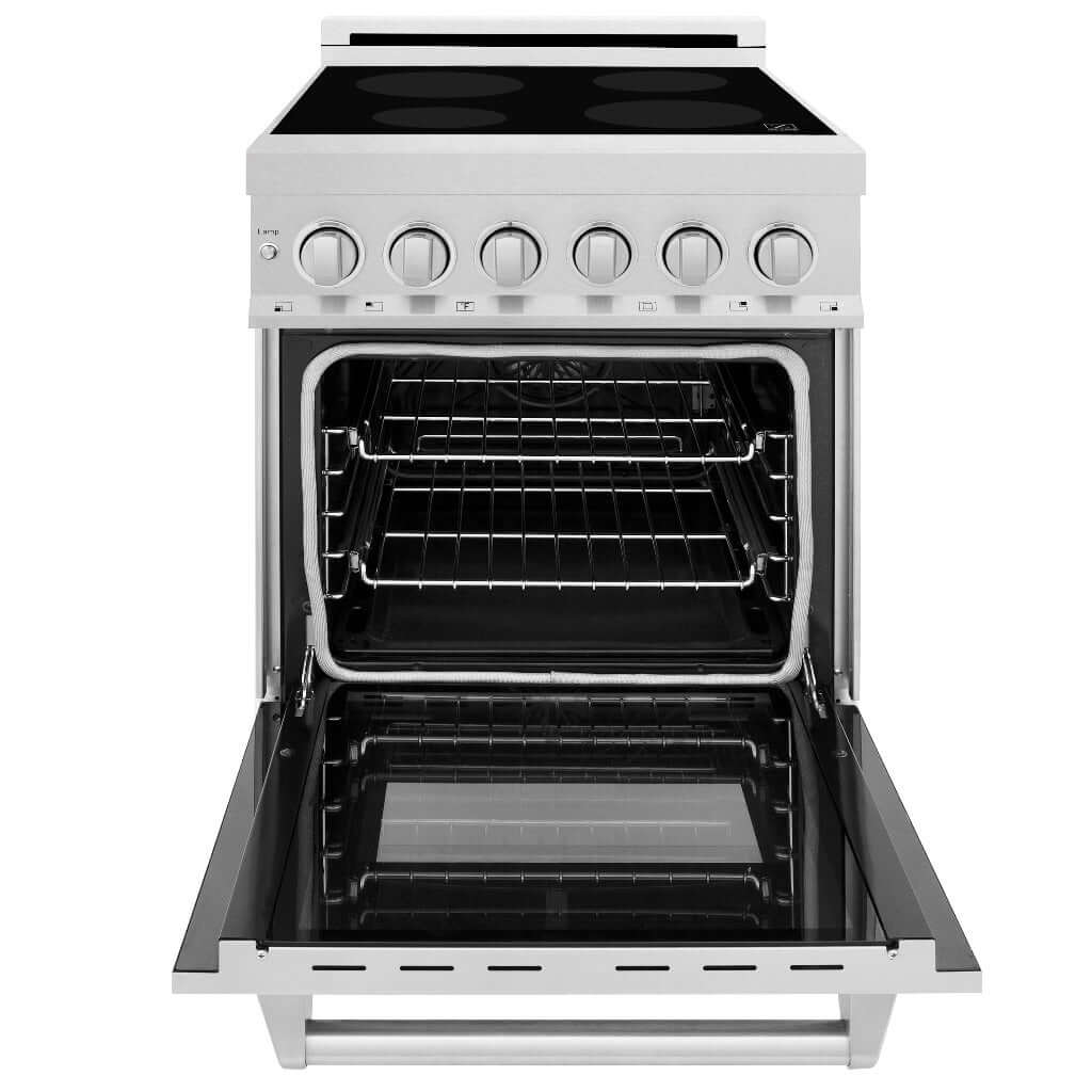 ZLINE 24 in. 2.8 cu. ft. Legacy Induction Range with 4 Element Cooktop and Electric Oven in DuraSnow® Stainless Steel (RAINDS-SN-24) front, oven open.