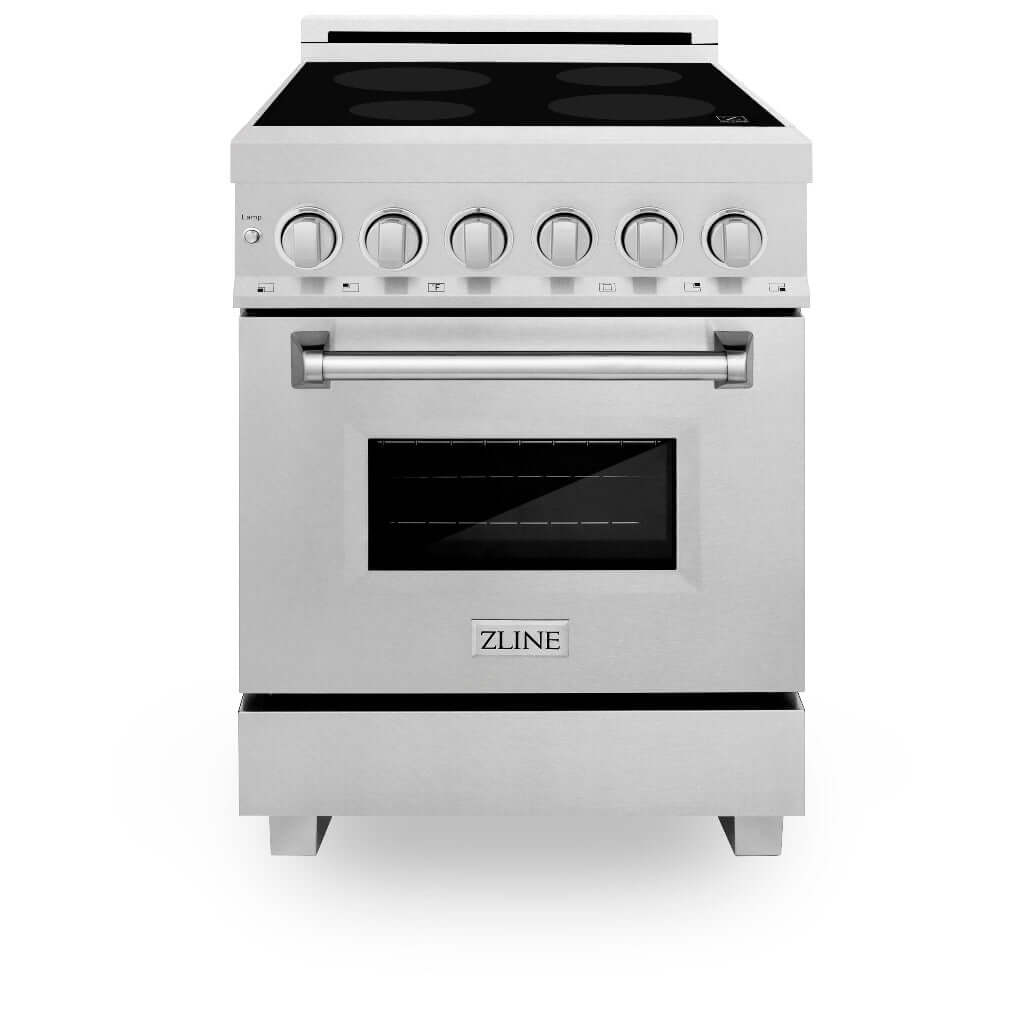 ZLINE 24 in. 2.8 cu. ft. Induction Range with a 4 Element Stove and Electric Oven in Fingerprint Resistant Stainless Steel (RAINDS-SN-24) front, oven closed.