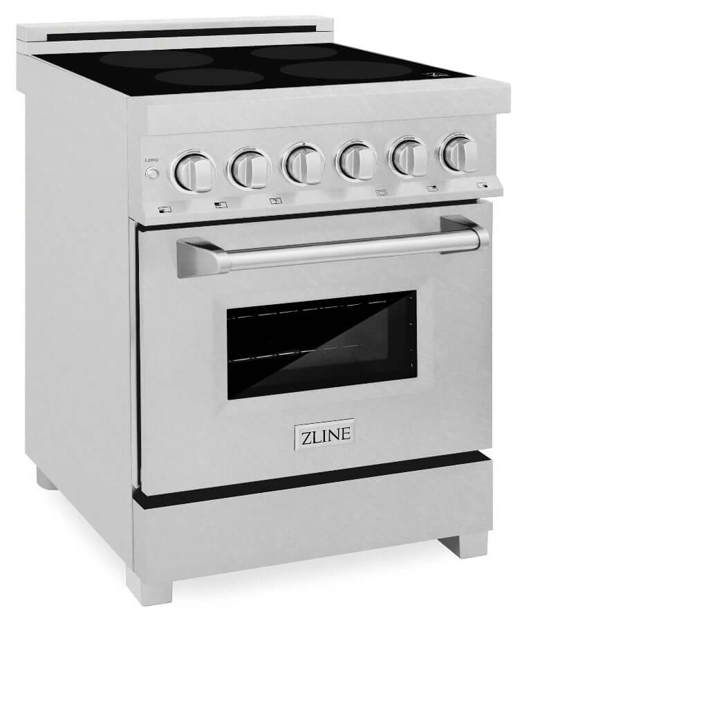 ZLINE 24 in. 2.8 cu. ft. Induction Range with a 4 Element Stove and Electric Oven in Fingerprint Resistant Stainless Steel (RAINDS-SN-24) side, oven closed.