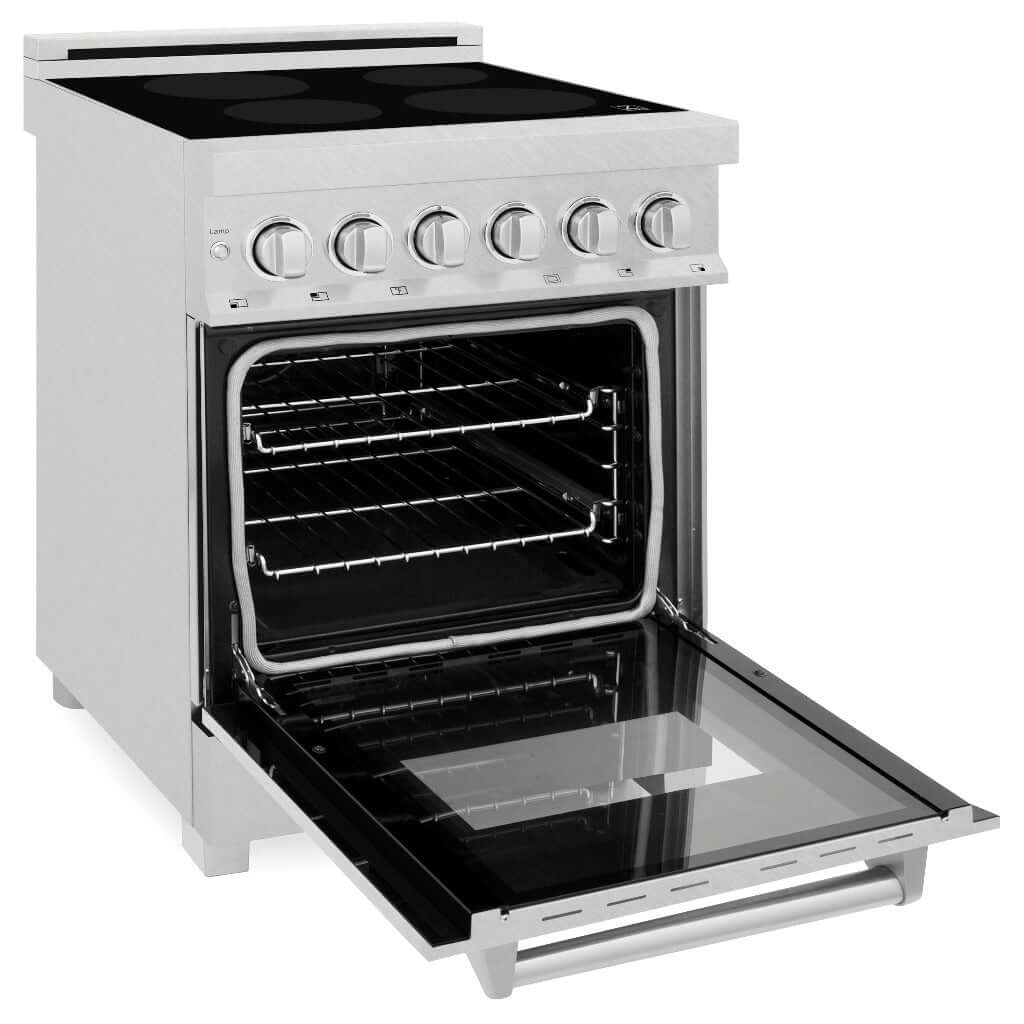 ZLINE 24 in. 2.8 cu. ft. Induction Range with a 4 Element Stove and Electric Oven in Fingerprint Resistant Stainless Steel (RAINDS-SN-24) side, oven open.