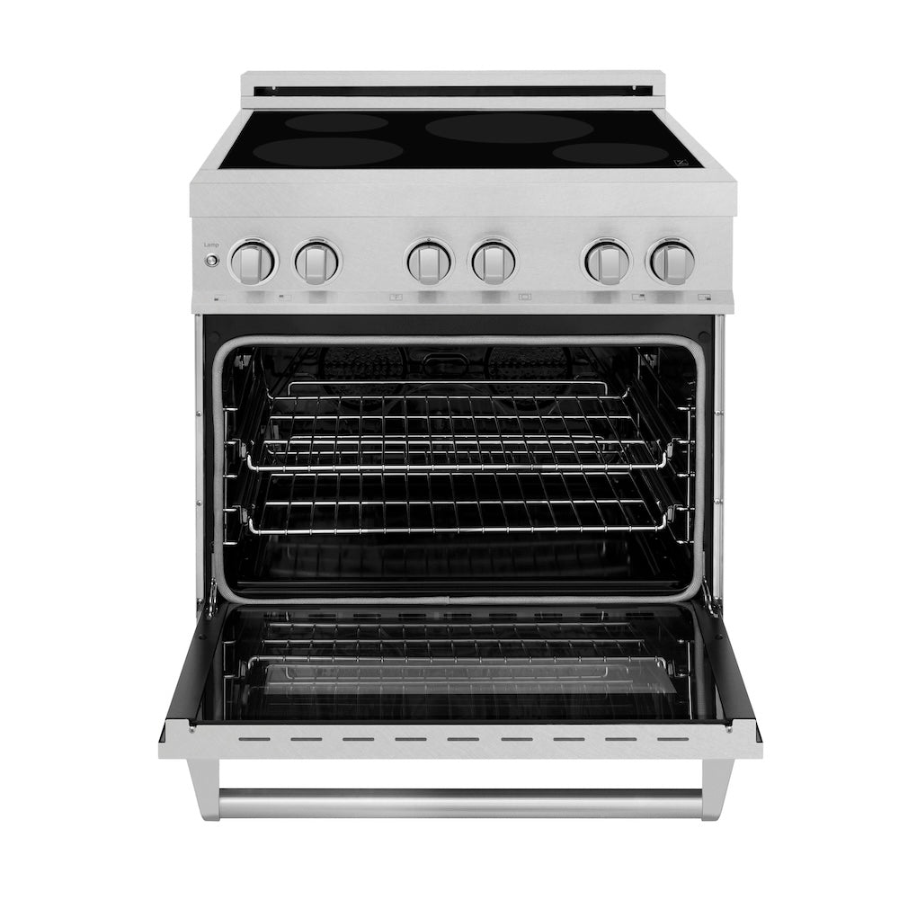 ZLINE 30 in. 4.0 cu. ft. Legacy Induction Range with 4 Element Cooktop and Electric Oven in DuraSnow® Stainless Steel (RAINDS-SN-30) front, oven open.