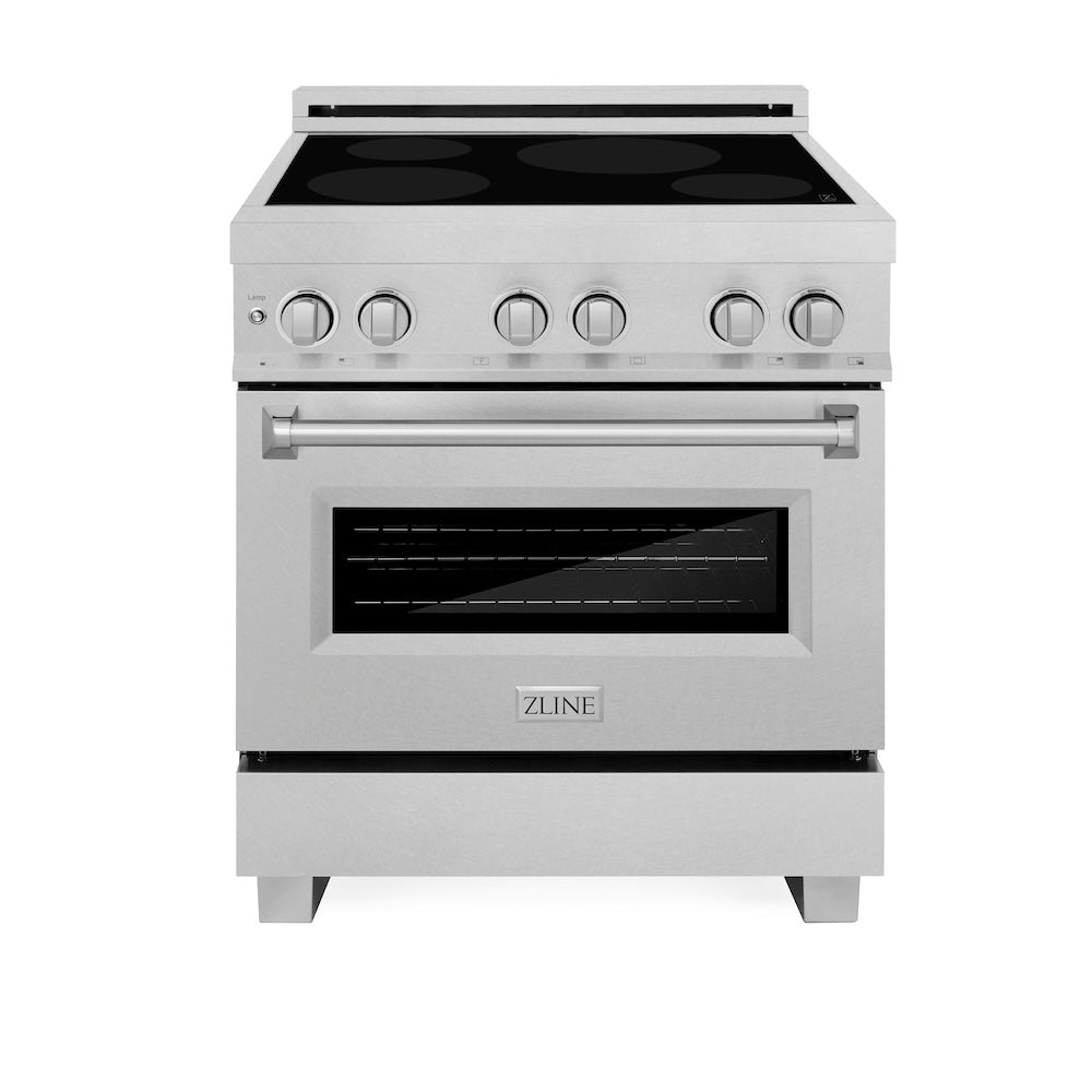 ZLINE 30 in. 4.0 cu. ft. Legacy Induction Range with 4 Element Cooktop and Electric Oven in DuraSnow® Stainless Steel (RAINDS-SN-30) front, oven closed.