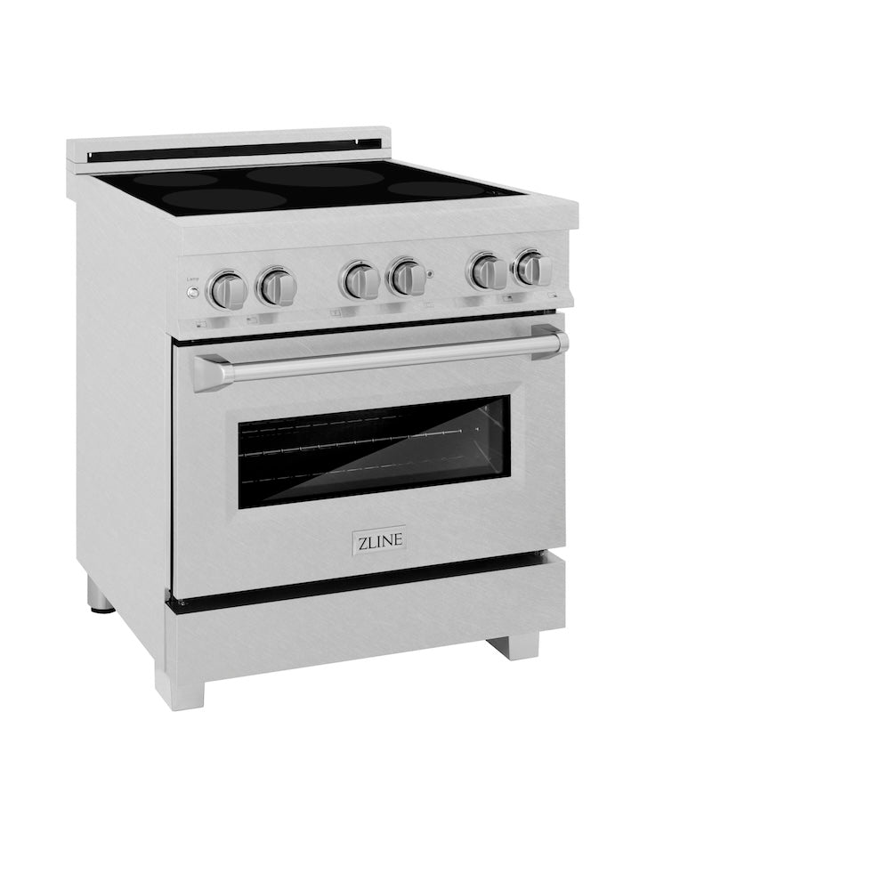 ZLINE 30 in. 4.0 cu. ft. Legacy Induction Range with 4 Element Cooktop and Electric Oven in DuraSnow® Stainless Steel (RAINDS-SN-30) side, oven closed.