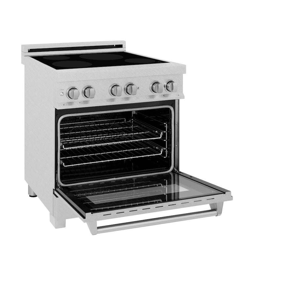 ZLINE 30 in. 4.0 cu. ft. Legacy Induction Range with 4 Element Cooktop and Electric Oven in DuraSnow® Stainless Steel (RAINDS-SN-30) side, oven open.