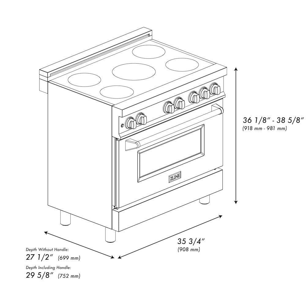 ZLINE 36 in. 4.6 cu. ft. Legacy Induction Range with 5 Element Cooktop and Electric Oven in DuraSnow® Stainless Steel (RAINDS-SN-36) dimensional diagram.