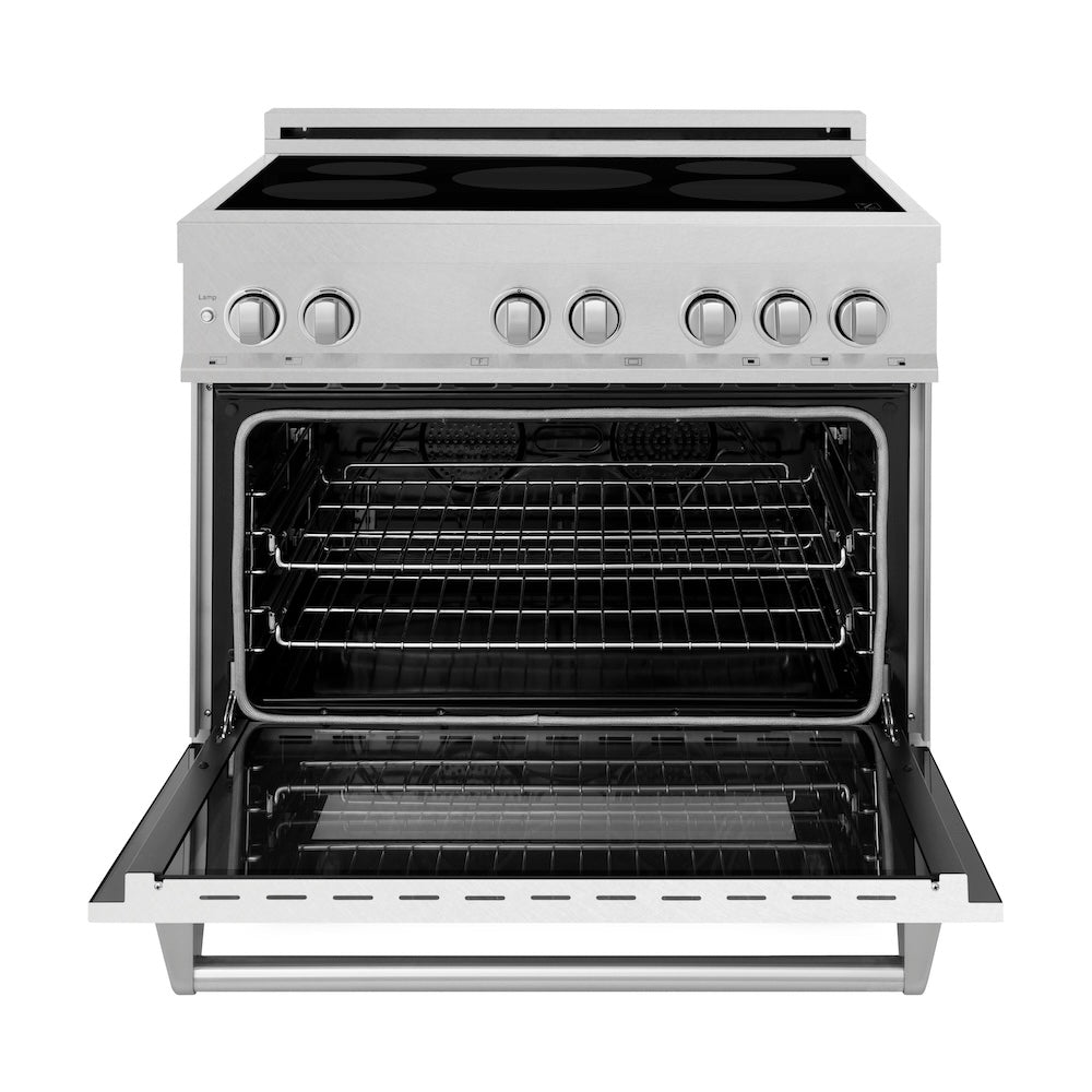 ZLINE 36 in. 4.6 cu. ft. Legacy Induction Range with 5 Element Cooktop and Electric Oven in DuraSnow® Stainless Steel (RAINDS-SN-36) front, oven open.