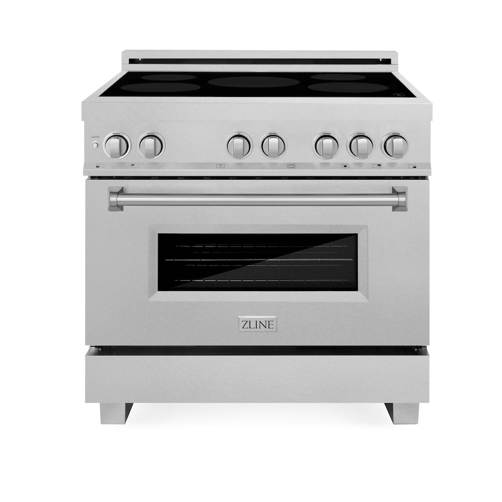 ZLINE 36 in. 4.6 cu. ft. Legacy Induction Range with 5 Element Cooktop and Electric Oven in DuraSnow® Stainless Steel (RAINDS-SN-36) front, oven closed.