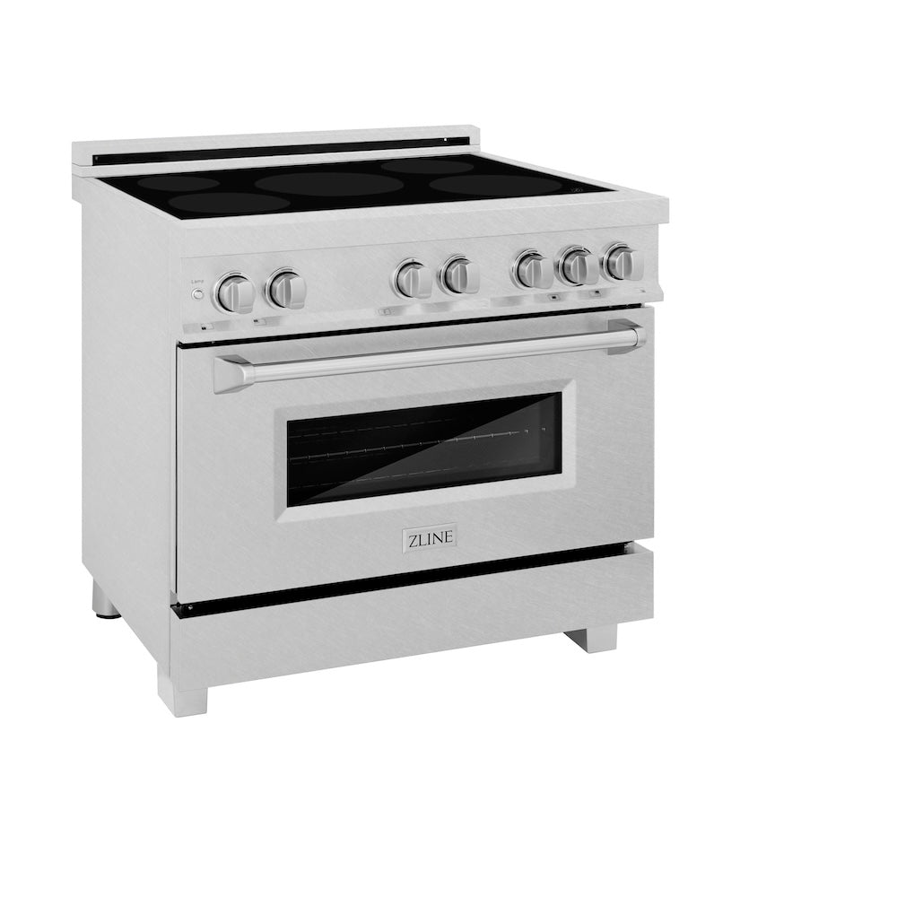 ZLINE 36 in. 4.6 cu. ft. Legacy Induction Range with 5 Element Cooktop and Electric Oven in DuraSnow® Stainless Steel (RAINDS-SN-36) side, oven closed.