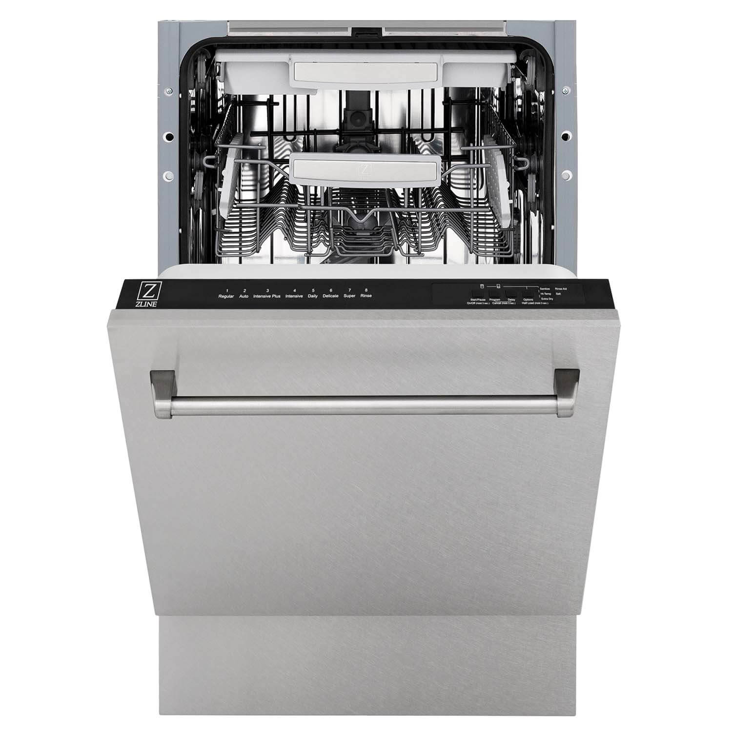 ZLINE 18 in. Tallac Series 3rd Rack Top Control Dishwasher in Fingerprint Resistant with Stainless Steel Tub, 51dBa (DWV-SN-18) front, half open.
