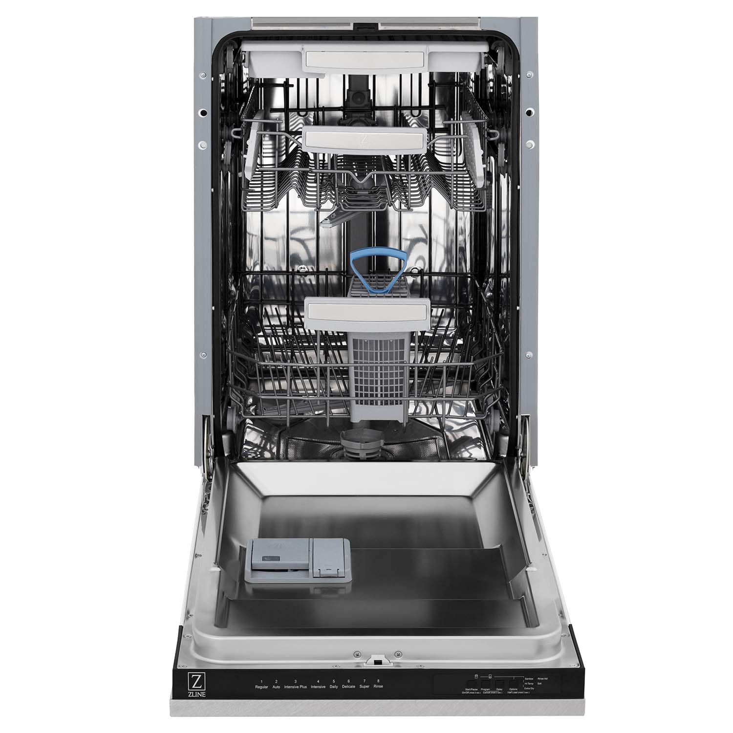 ZLINE 18" Tallac Series Dishwasher with DuraSnow Stainless Steel panel front with door open.