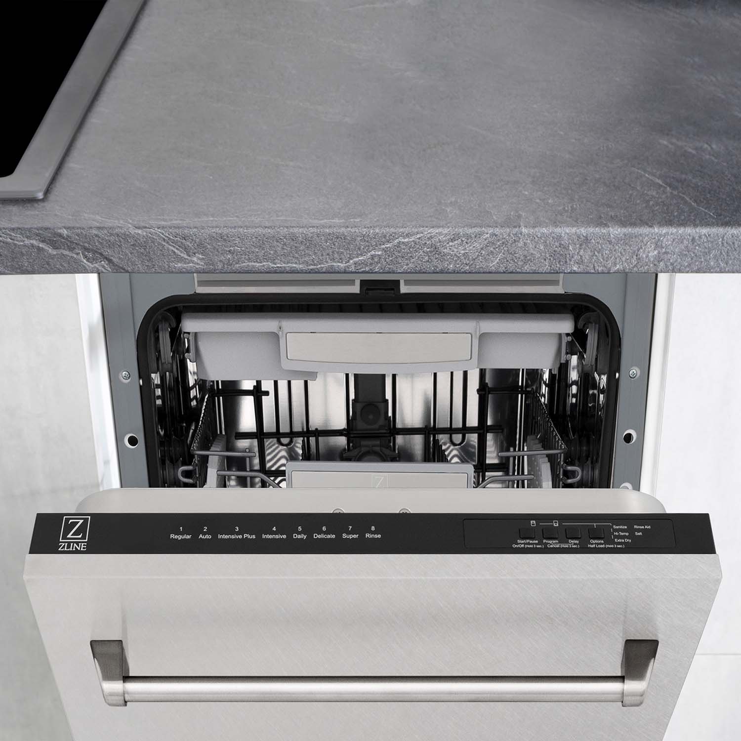 ZLINE 18" Tallac Series Dishwasher with DuraSnow Stainless Steel panel built-in to cabinetry.