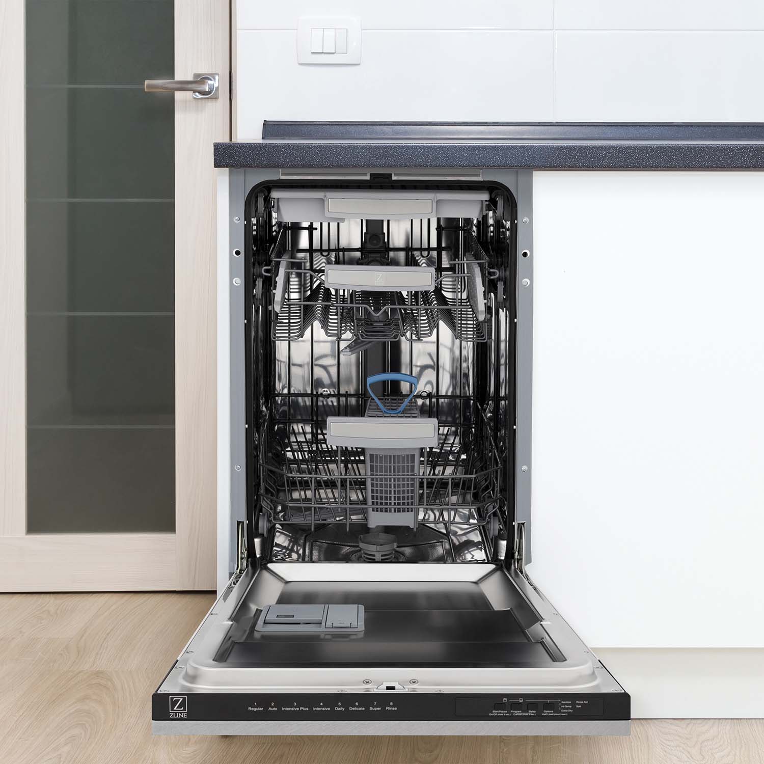 ZLINE 18 in. Tallac Series 3rd Rack Top Control Dishwasher in Fingerprint Resistant with Stainless Steel Tub, 51dBa (DWV-SN-18) built-in to cabinets in a luxury kitchen.