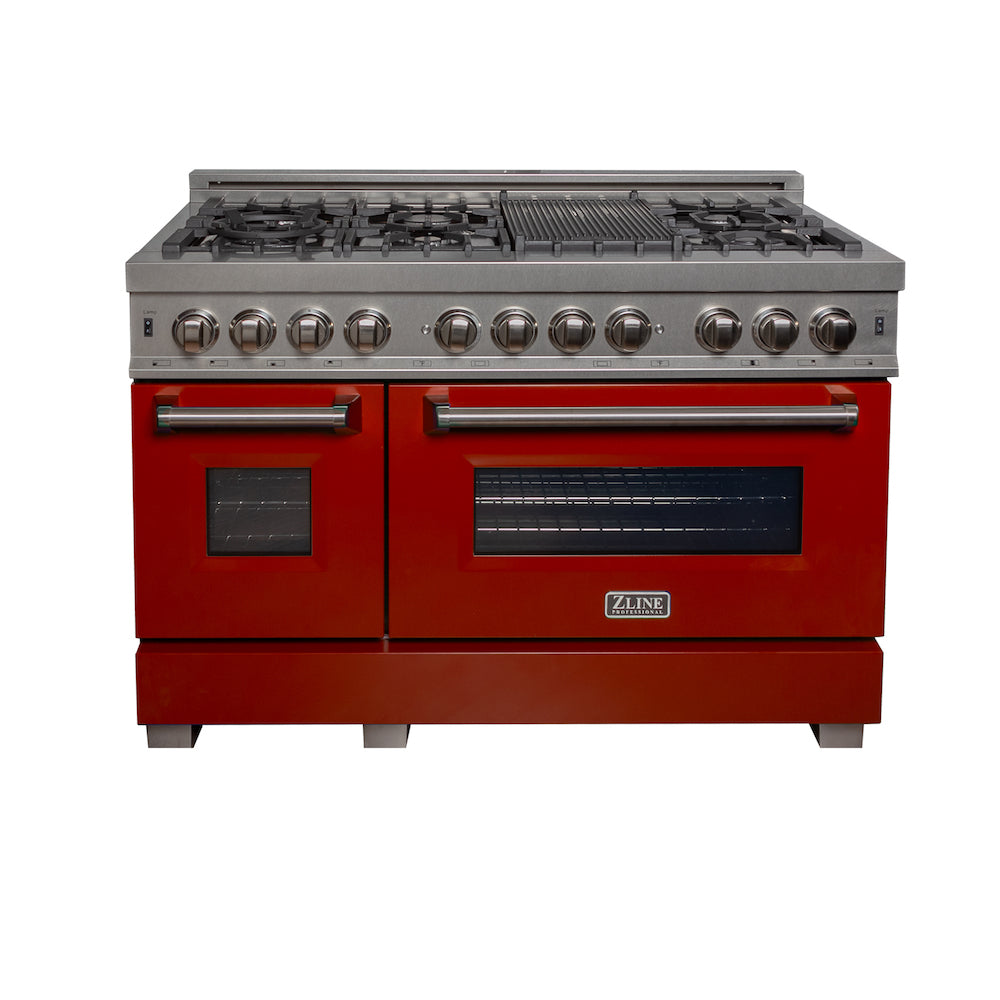 ZLINE 48 in. 6.0 cu. ft. Dual Fuel Range with Gas Stove and Electric Oven in Fingerprint Resistant Stainless Steel and Red Gloss Door (RAS-RG-48) front, oven closed.