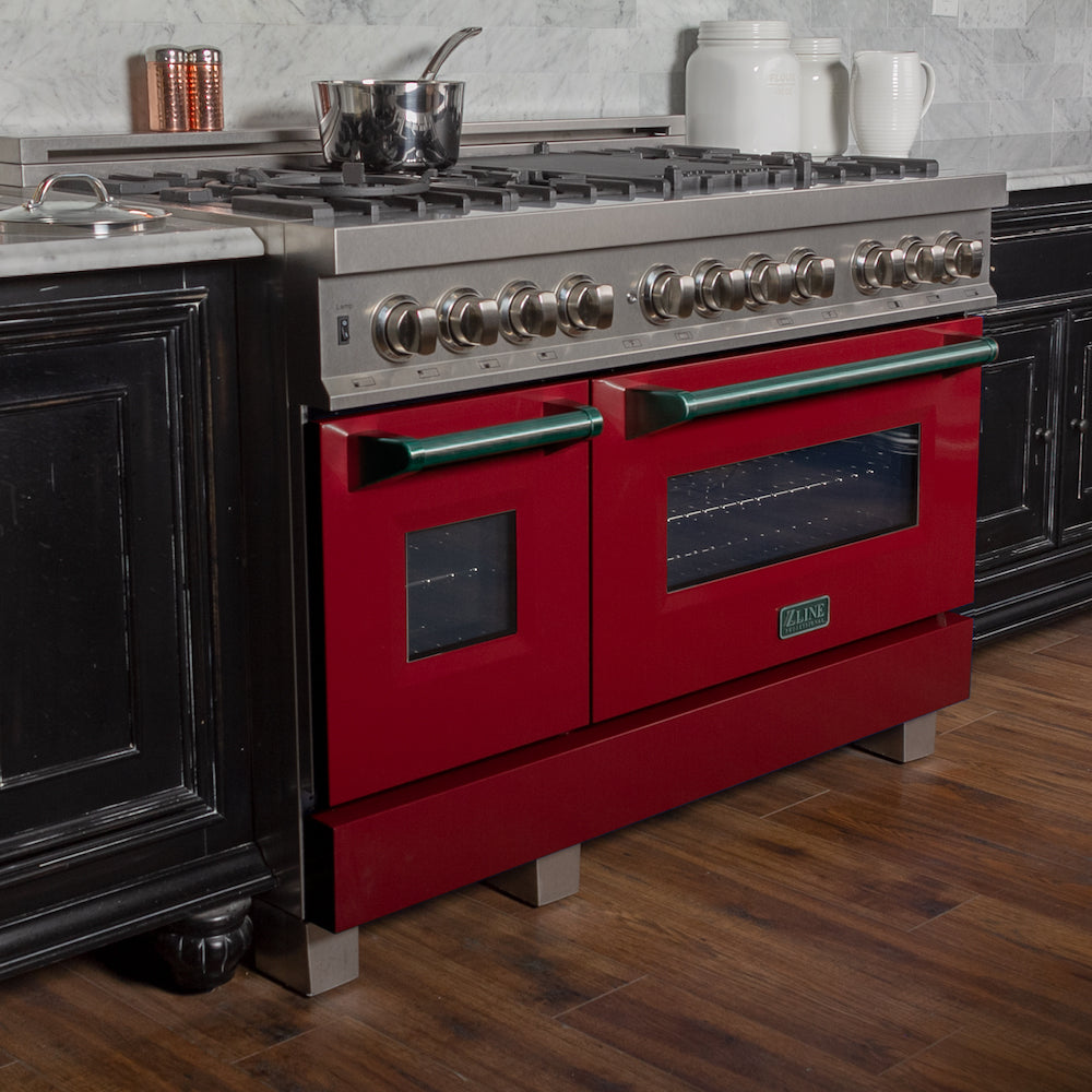 ZLINE 48 in. 6.0 cu. ft. Dual Fuel Range with Gas Stove and Electric Oven in Fingerprint Resistant Stainless Steel and Red Gloss Door (RAS-RG-48)
