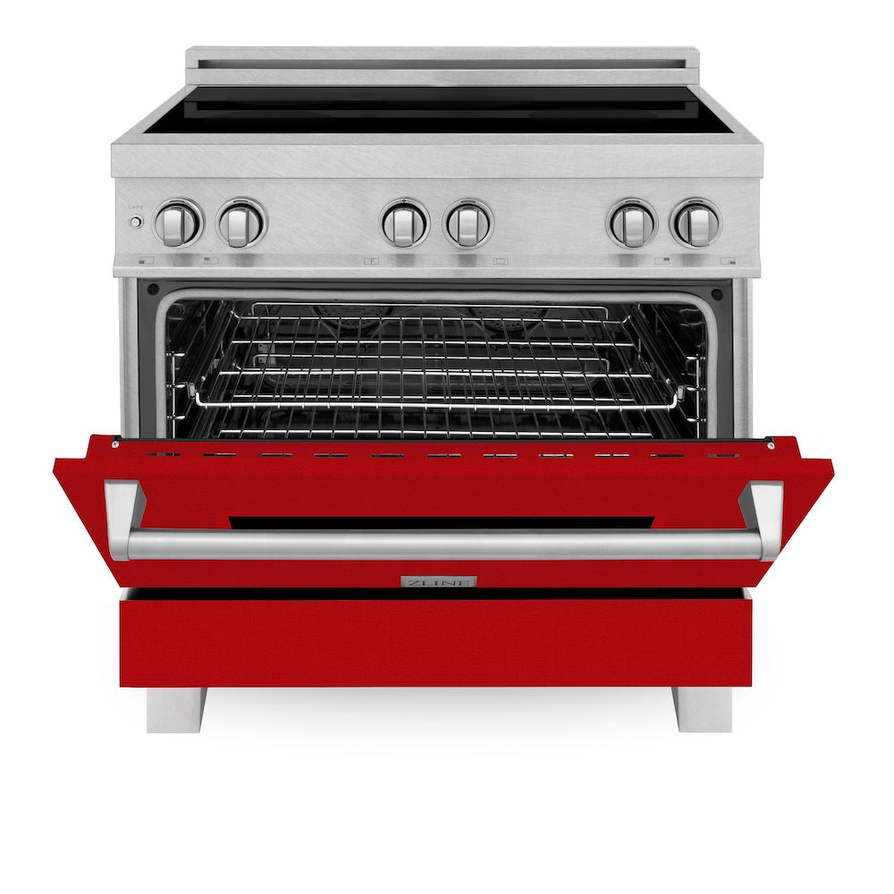ZLINE 36 in. 4.6 cu. ft. Legacy Induction Range with 5 Element Cooktop and Electric Oven in Satin Stainless Steel and Red Gloss Door, Open Box-Good Condition