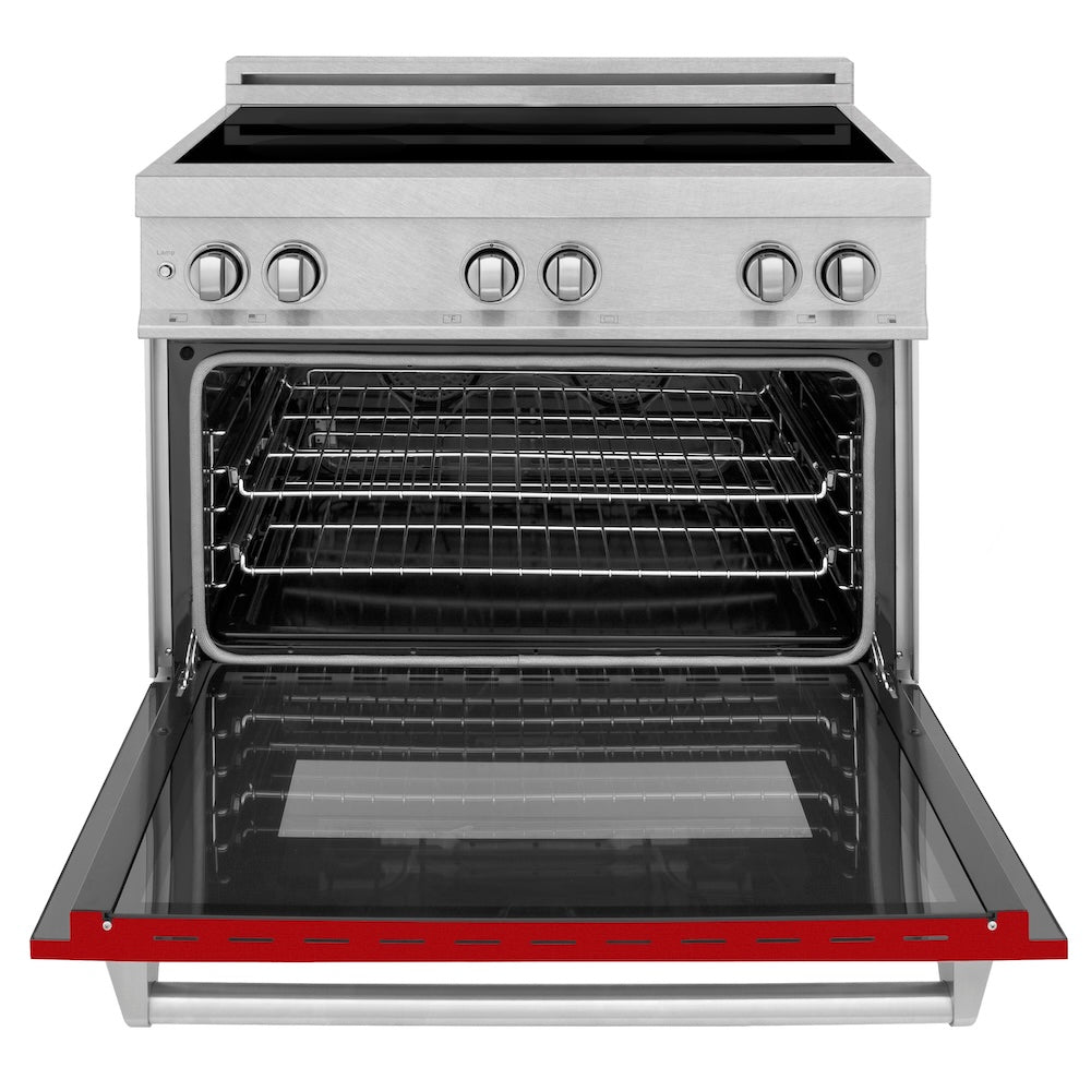 ZLINE 36 in. 4.6 cu. ft. Legacy Induction Range with 5 Element Cooktop and Electric Oven in Satin Stainless Steel and Red Gloss Door, Open Box-Good Condition
