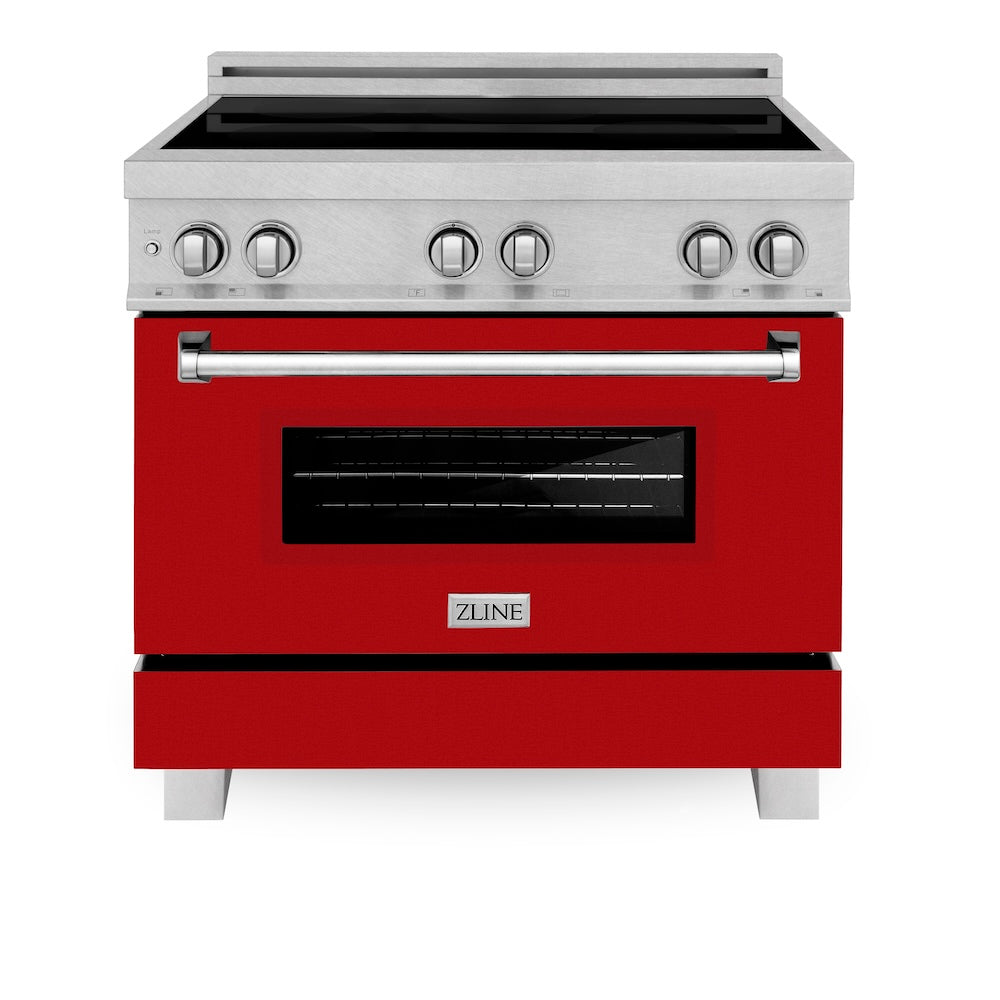 ZLINE 36 in. 4.6 cu. ft. Legacy Induction Range with 5 Element Cooktop and Electric Oven in Satin Stainless Steel and Red Gloss Door, Open Box-Good Condition