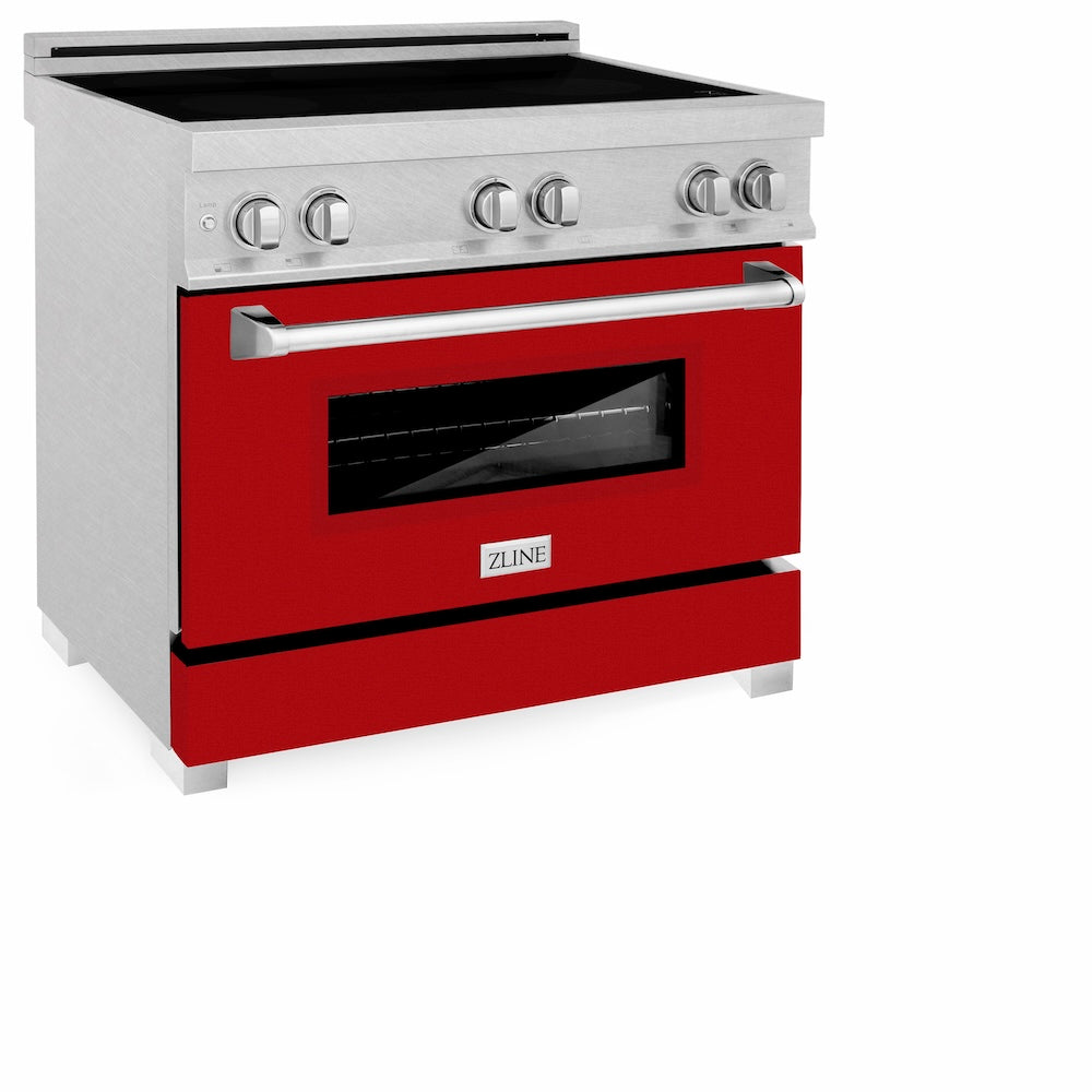 ZLINE 36 in. 4.6 cu. ft. Legacy Induction Range with 5 Element Cooktop and Electric Oven in Satin Stainless Steel and Red Gloss Door, Open Box-Good Condition