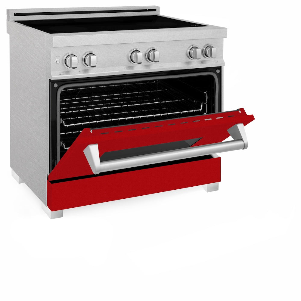 ZLINE 36 in. 4.6 cu. ft. Legacy Induction Range with 5 Element Cooktop and Electric Oven in Satin Stainless Steel and Red Gloss Door, Open Box-Good Condition