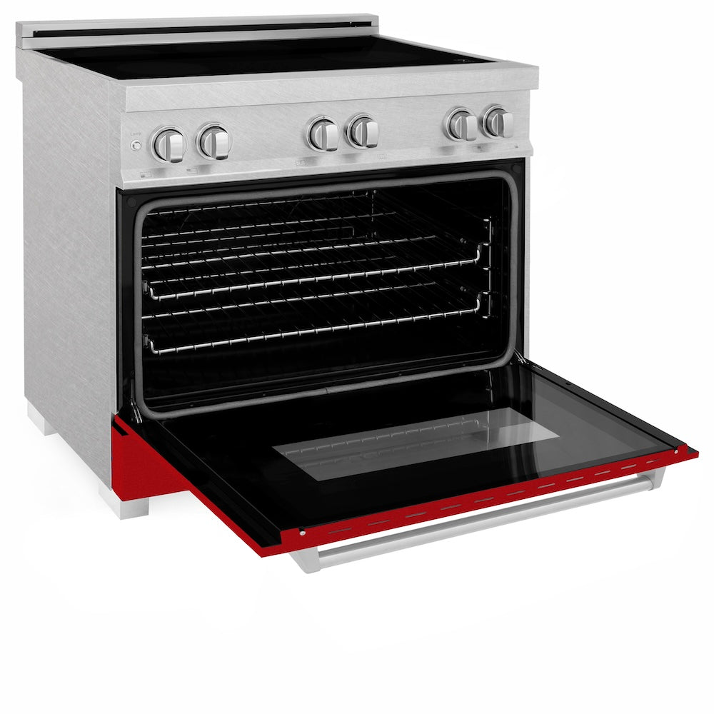 ZLINE 36 in. 4.6 cu. ft. Legacy Induction Range with 5 Element Cooktop and Electric Oven in Satin Stainless Steel and Red Gloss Door, Open Box-Good Condition