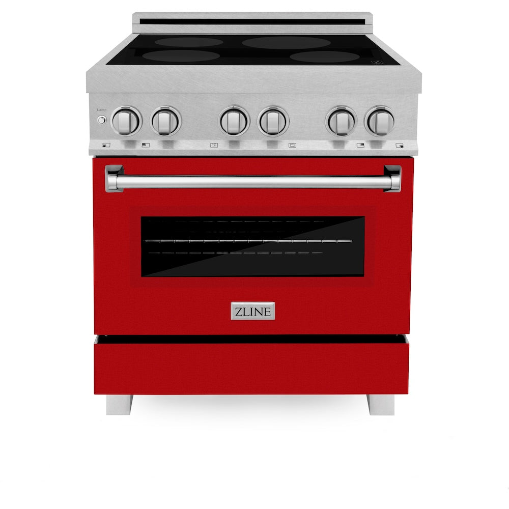 ZLINE 30 in. 4.0 cu. ft. Legacy Induction Range with 4 Element Cooktop and Electric Oven in Satin Stainless Steel and Red Gloss Door, Open Box-Good Condition