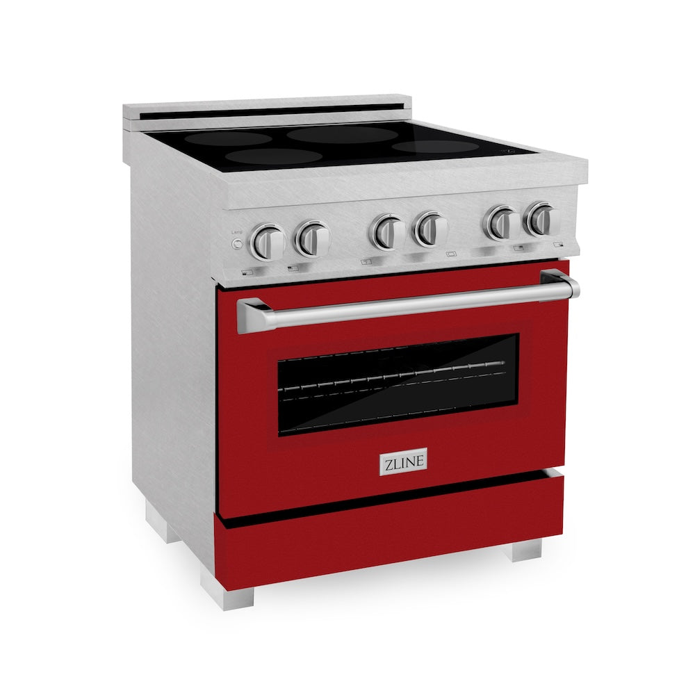 ZLINE 30 in. 4.0 cu. ft. Legacy Induction Range with 4 Element Cooktop and Electric Oven in Satin Stainless Steel and Red Gloss Door, Open Box-Good Condition