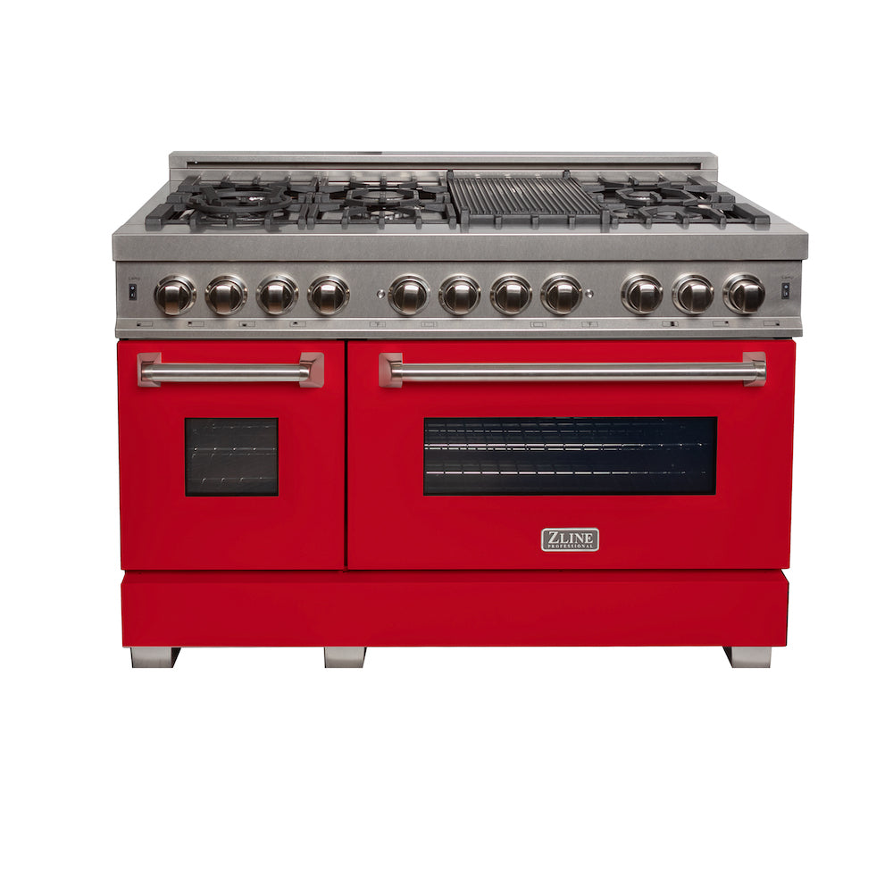 ZLINE 48 in. 6.0 cu. ft. Dual Fuel Range with Gas Stove and Electric Oven in Fingerprint Resistant Stainless Steel and Red Matte Door (RAS-RM-48) front, oven closed.