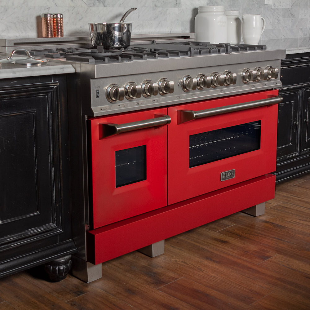 ZLINE 48 in. 6.0 cu. ft. Dual Fuel Range with Gas Stove and Electric Oven in Fingerprint Resistant Stainless Steel and Red Matte Door (RAS-RM-48) 