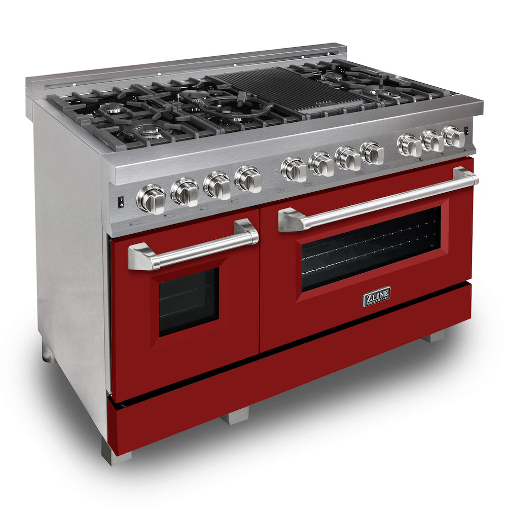 ZLINE 48 in. 6.0 cu. ft. Dual Fuel Range with Gas Stove and Electric Oven in Fingerprint Resistant Stainless Steel and Red Matte Door (RAS-RM-48) side, oven closed.