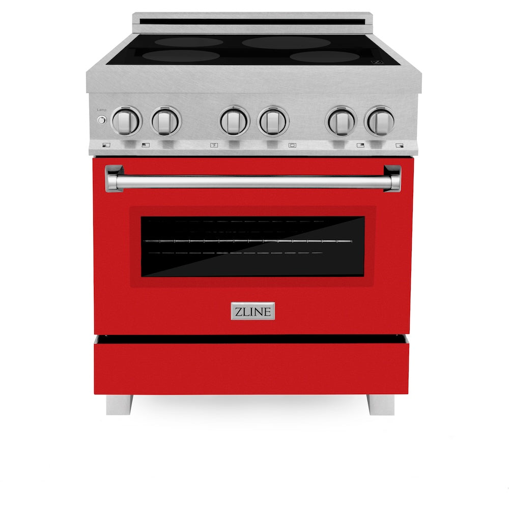 ZLINE 30 in. 4.0 cu. ft. Legacy Induction Range with 4 Element Cooktop and Electric Oven in Satin Stainless Steel and Red Matte Door, Open Box-Good Condition