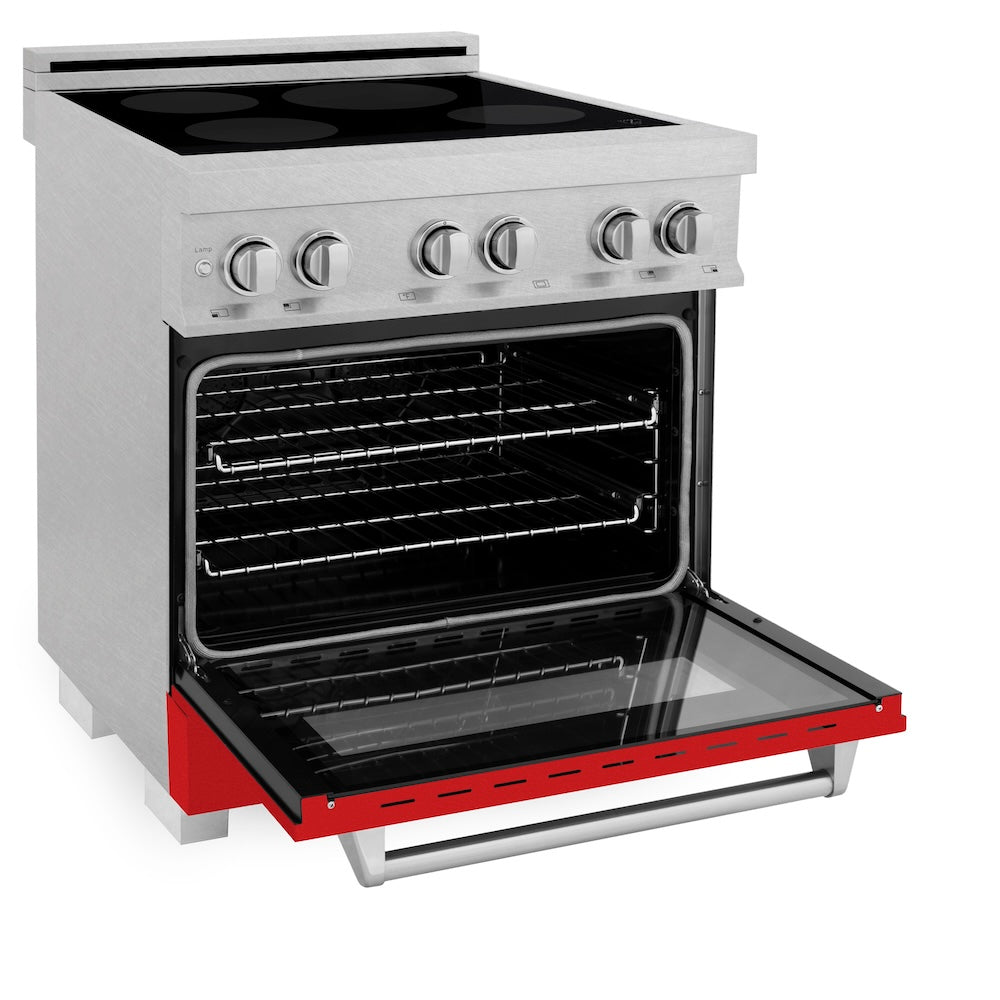ZLINE 30 in. 4.0 cu. ft. Legacy Induction Range with 4 Element Cooktop and Electric Oven in Satin Stainless Steel and Red Matte Door, Open Box-Good Condition