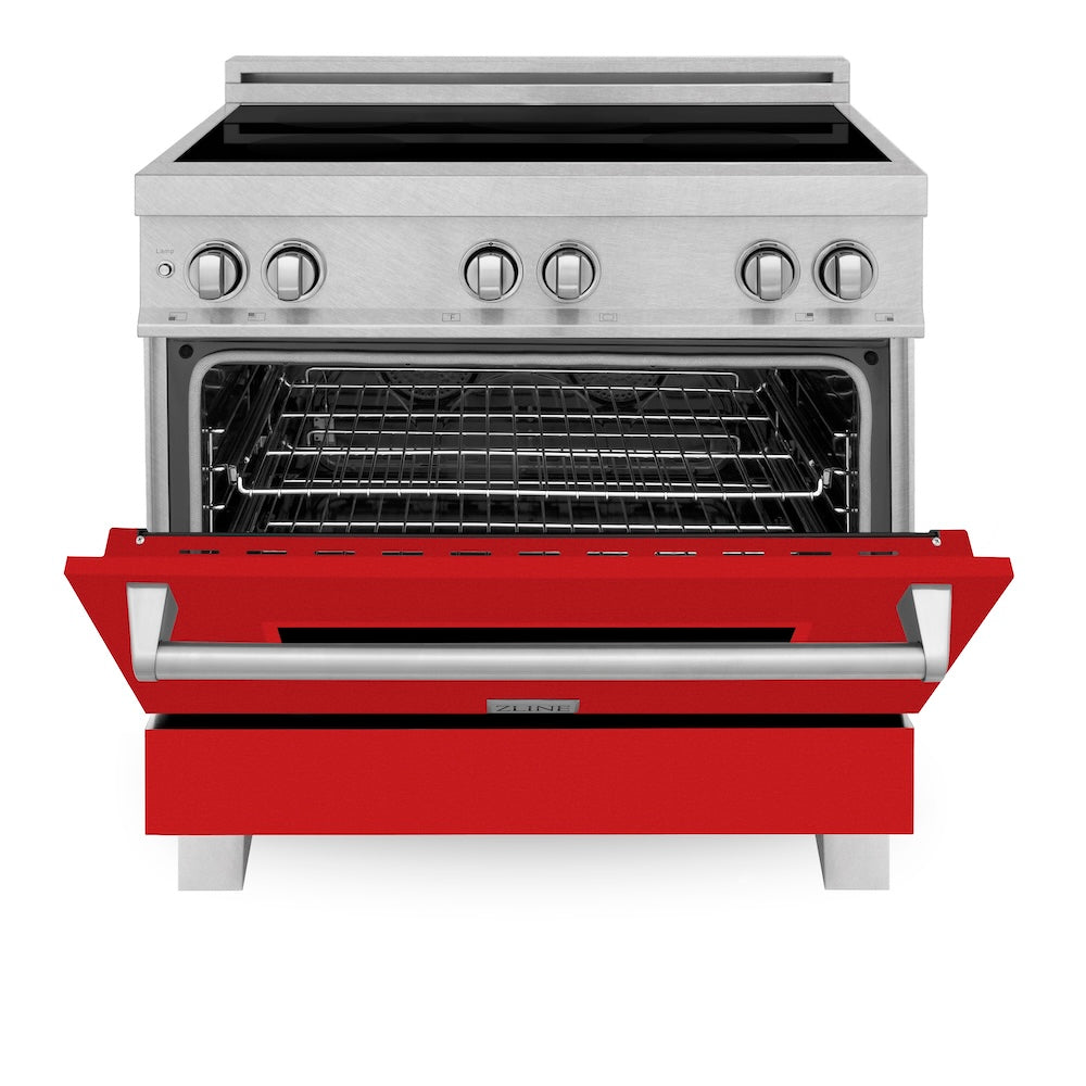 ZLINE 36 in. 4.6 cu. ft. Legacy Induction Range with 5 Element Cooktop and Electric Oven in Satin Stainless Steel and Red Matte Door, Open Box-Good Condition