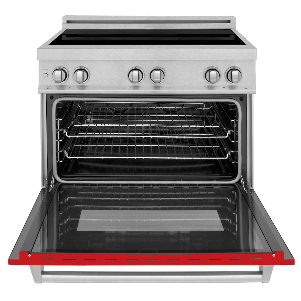ZLINE 36 in. 4.6 cu. ft. Legacy Induction Range with 5 Element Cooktop and Electric Oven in Satin Stainless Steel and Red Matte Door, Open Box-Good Condition
