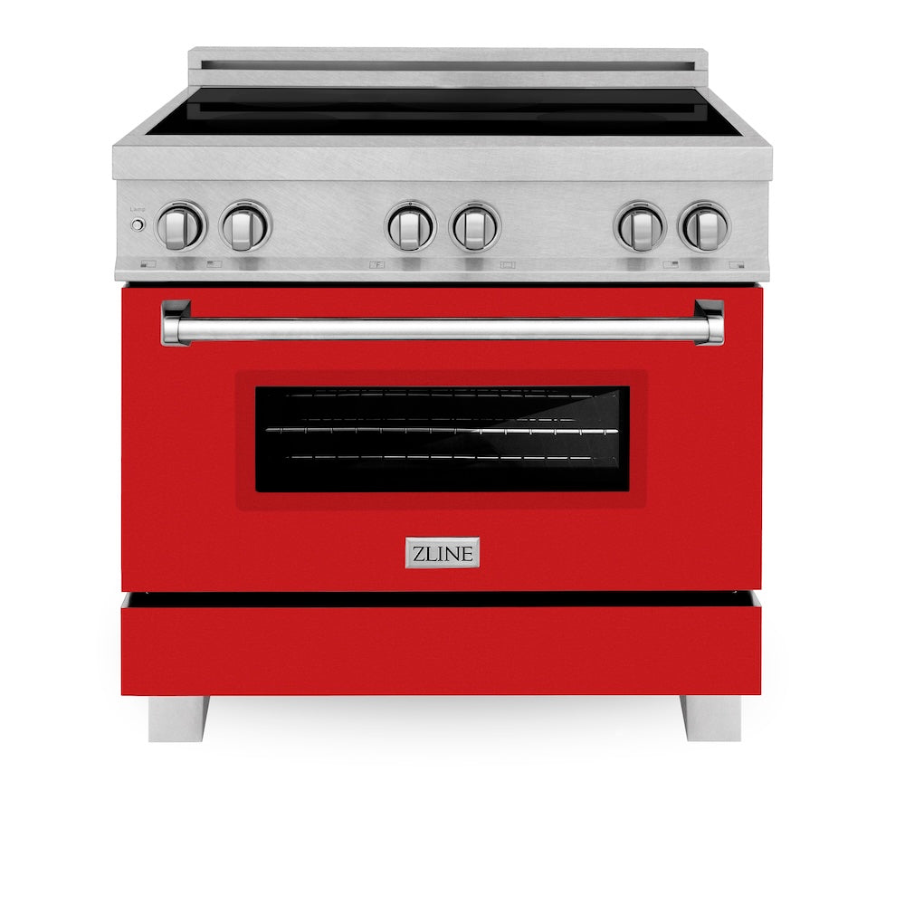 ZLINE 36 in. 4.6 cu. ft. Legacy Induction Range with 5 Element Cooktop and Electric Oven in Satin Stainless Steel and Red Matte Door, Open Box-Good Condition