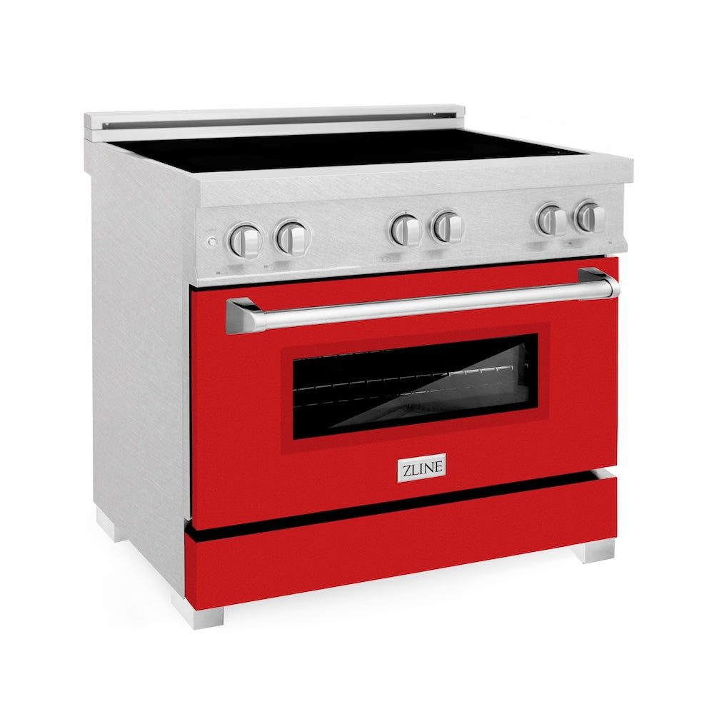ZLINE 36 in. 4.6 cu. ft. Legacy Induction Range with 5 Element Cooktop and Electric Oven in Satin Stainless Steel and Red Matte Door, Open Box-Good Condition