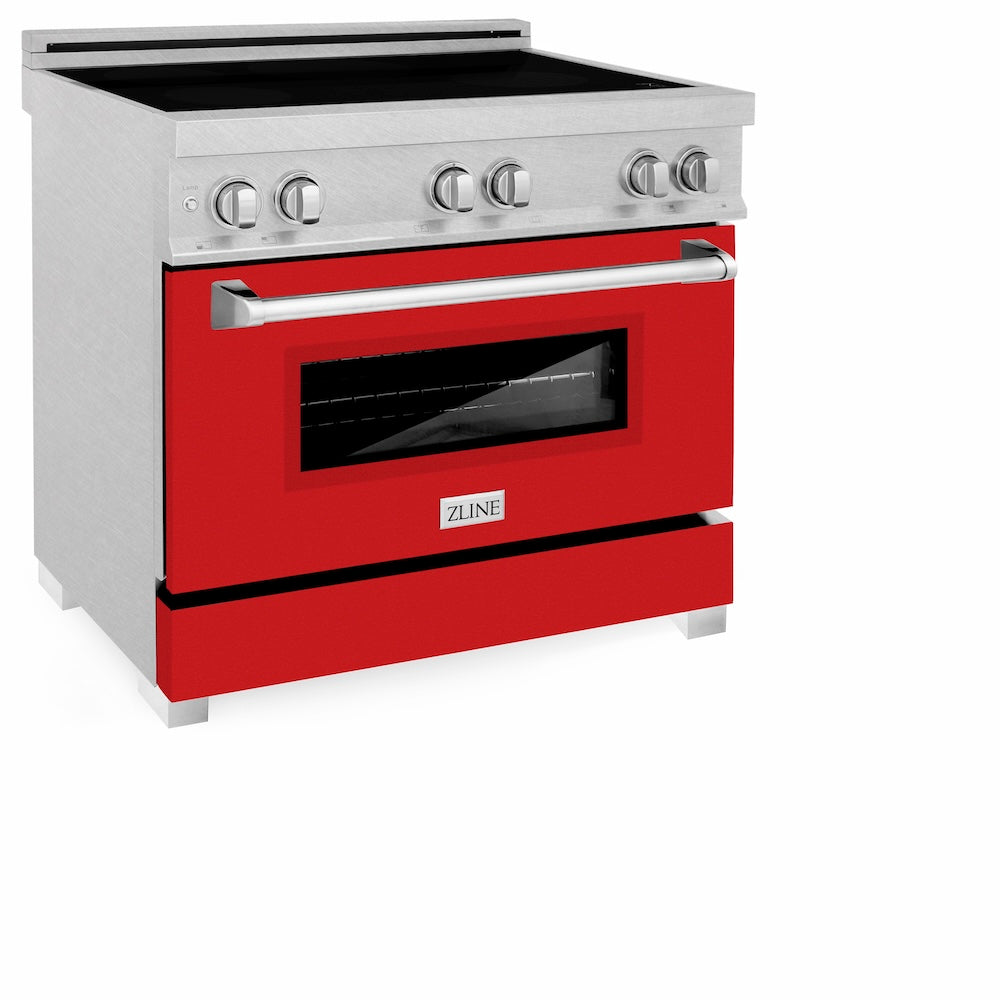 ZLINE 36 in. 4.6 cu. ft. Legacy Induction Range with 5 Element Cooktop and Electric Oven in Satin Stainless Steel and Red Matte Door, Open Box-Good Condition