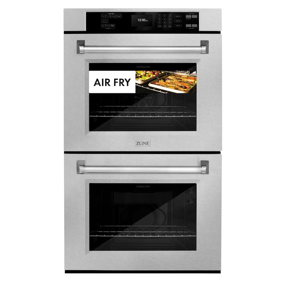 ZLINE 30 in. Professional True Convection Double Wall Oven with Air Fry and Self Clean in DuraSnow® Stainless Steel (WADS-30) front, oven closed with food inside. Text: "Air Fry"