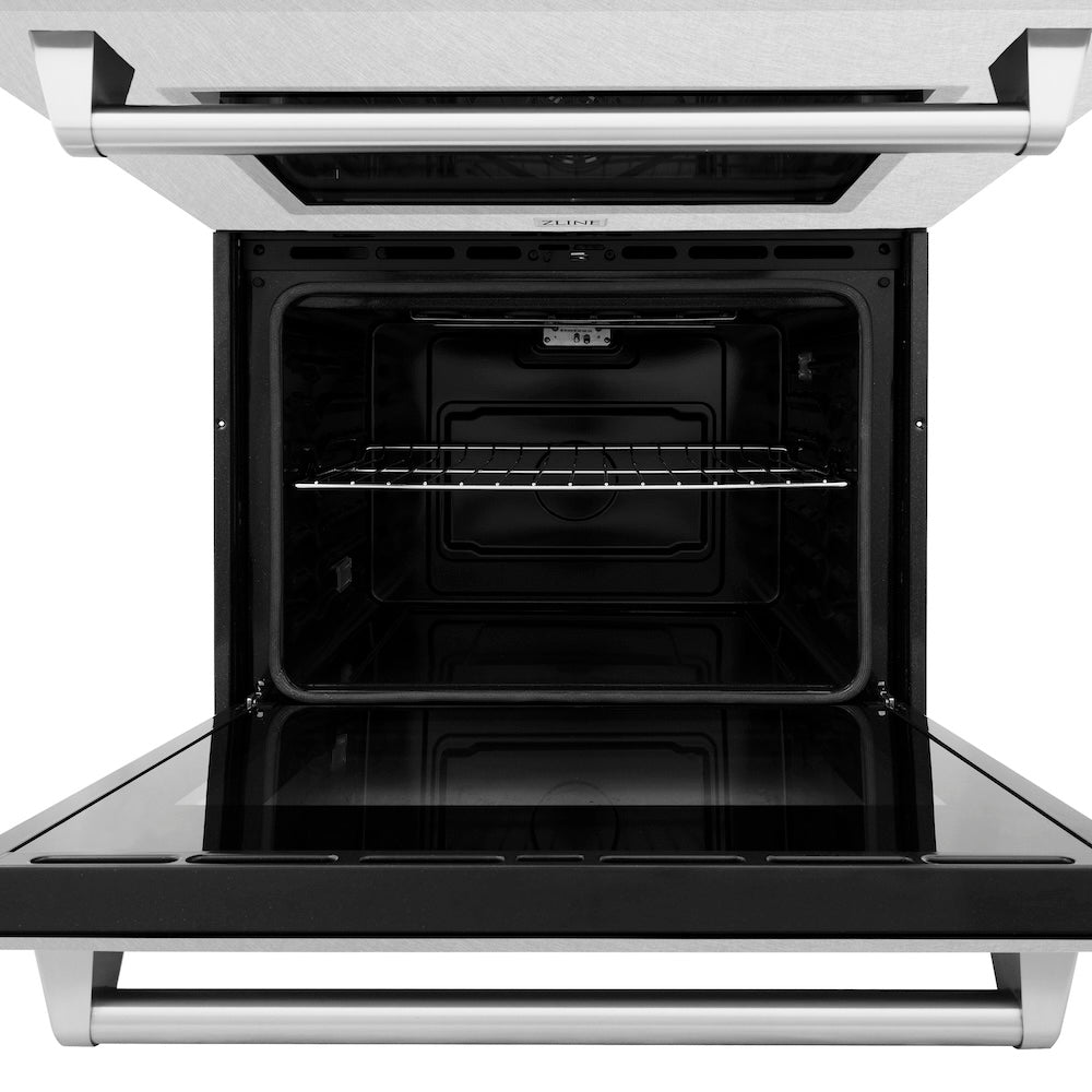 ZLINE 30 in. Professional True Convection Double Wall Oven with Air Fry and Self Clean in DuraSnow® Stainless Steel (WADS-30) front, oven open close-up.