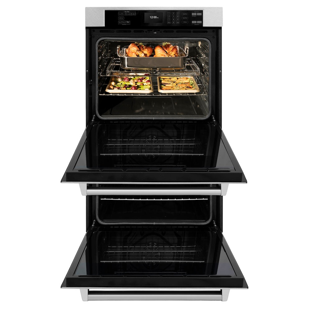 ZLINE 30 in. Professional True Convection Double Wall Oven with Air Fry and Self Clean in DuraSnow® Stainless Steel (WADS-30) front, open.