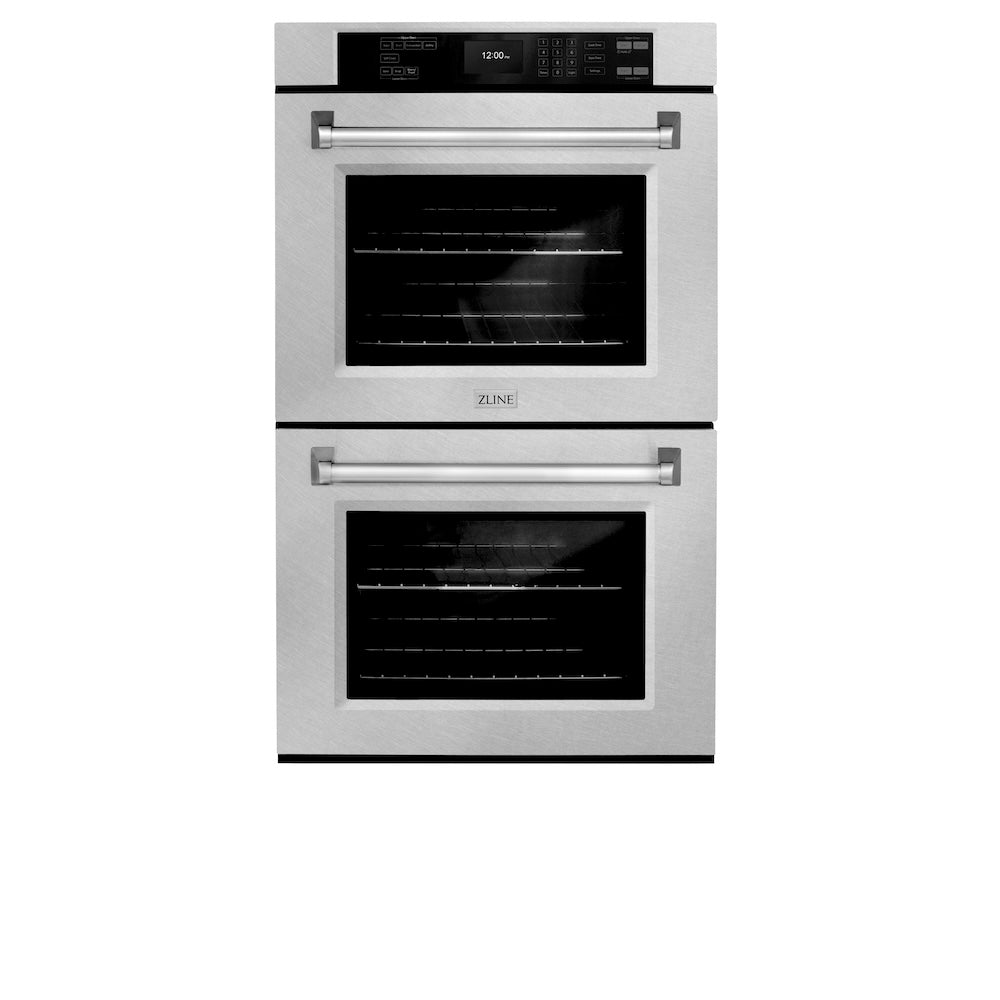 ZLINE 30 in. Professional True Convection Double Wall Oven with Air Fry and Self Clean in DuraSnow® Stainless Steel (WADS-30) front, closed.