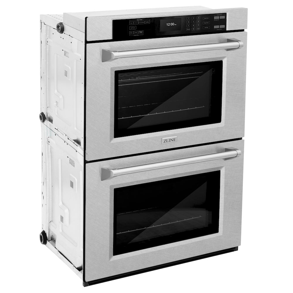 ZLINE 30 in. Professional True Convection Double Wall Oven with Air Fry and Self Clean in DuraSnow® Stainless Steel (WADS-30) side, oven closed.