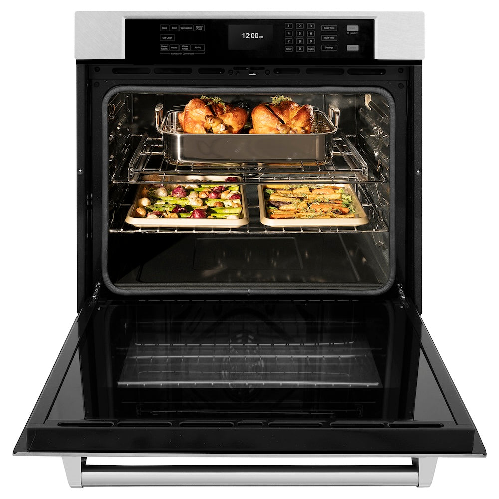 ZLINE 30 in. Professional True Convection Single Wall Oven with Air Fry and Self Clean in DuraSnow® Stainless Steel (WASS-30) front, open.