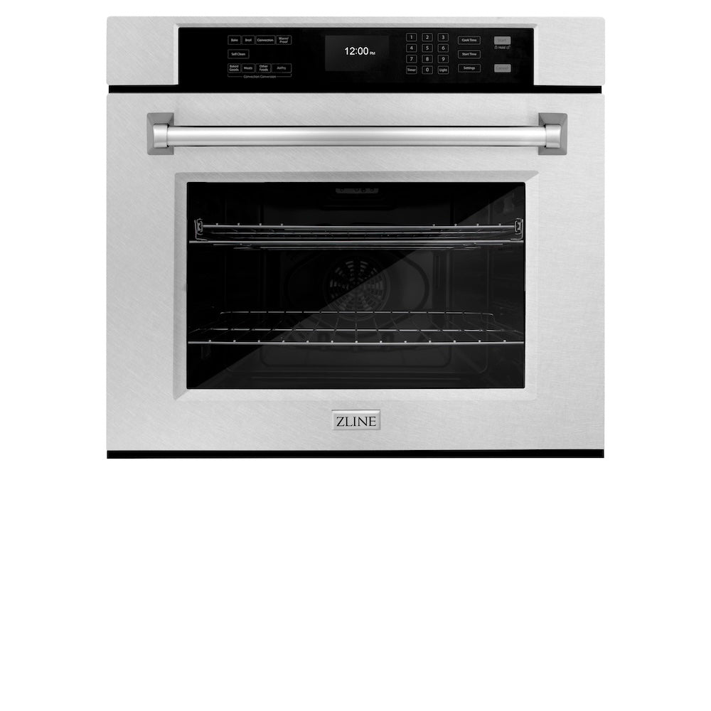 ZLINE 30 in. Professional True Convection Single Wall Oven with Air Fry and Self Clean in DuraSnow® Stainless Steel (WASS-30) front, closed.