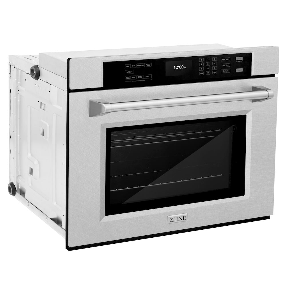 ZLINE 30 in. Professional True Convection Single Wall Oven with Air Fry and Self Clean in DuraSnow® Stainless Steel (WASS-30) side, oven closed.