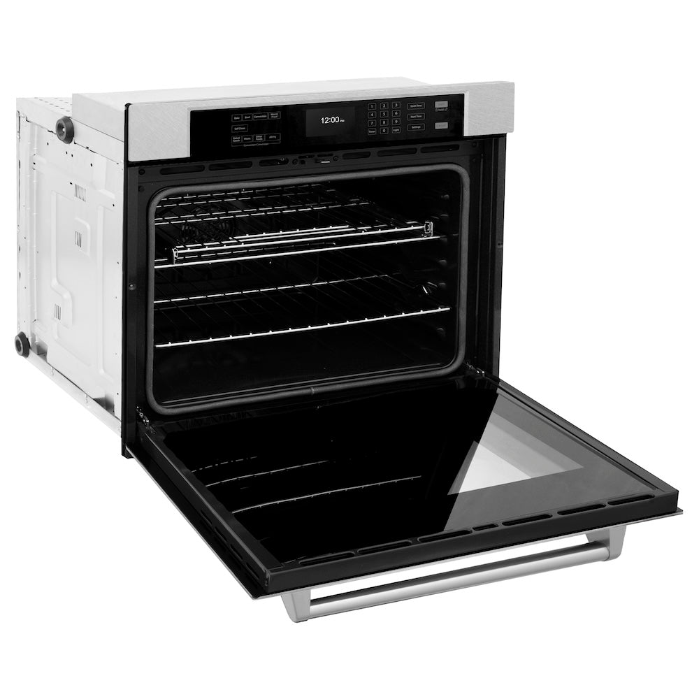 ZLINE 30 in. Professional True Convection Single Wall Oven with Air Fry and Self Clean in DuraSnow® Stainless Steel (WASS-30) side, oven open.