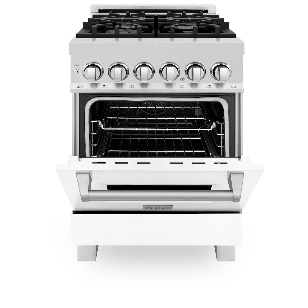 ZLINE 24 in. 2.8 cu. ft. Dual Fuel Range with Gas Stove and Electric Oven in Fingerprint Resistant Stainless Steel and White Matte Door (RAS-WM-24) front, oven half open.