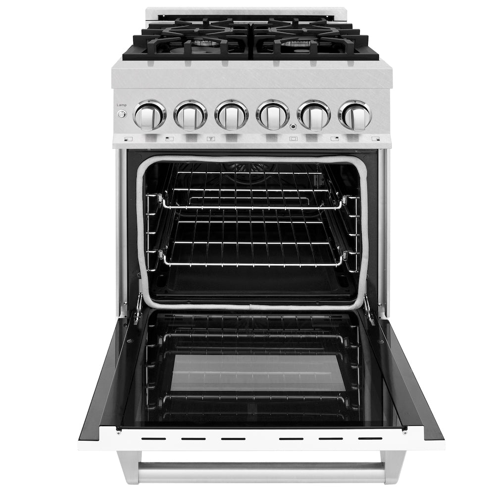 ZLINE 24 in. 2.8 cu. ft. Dual Fuel Range with Gas Stove and Electric Oven in Fingerprint Resistant Stainless Steel and White Matte Door (RAS-WM-24) front, oven open.